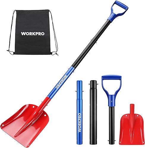 WORKPRO Schneeschaufel Aluminium, Abnehmbare Schneeschaufel mit teleskopierbarem Griff, 65,5-120 cm, Schneeschieber Lawinenschaufel mit Tragetasche, Ausziehbares Schneeräumwerkzeug für Garten, Camping - Cheap-Us
