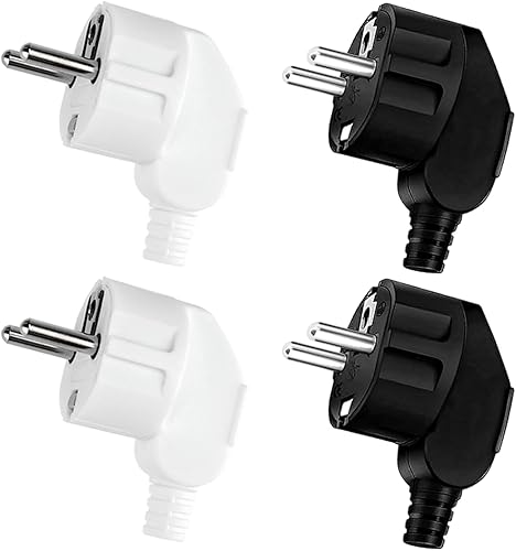 Powice 4 Stück Schuko Stecker,Stecker,Schuko Stecker Wasserdicht,Schukostecker,Spritzwassergeschützter Stecker 230V mit Zugentlastung, (Schwarz+Weiß) - Cheap-Us