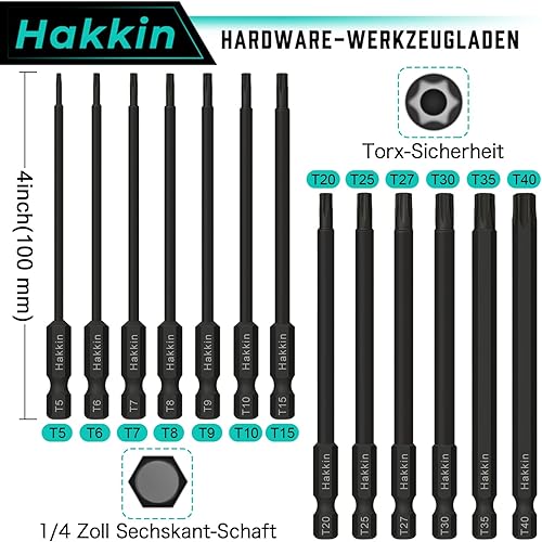 Hakkin 13-tlg 1/4'Torx Schraubendreher Bits Set, 75mm Lang Magnetischer S2 Stahl Schlagschrauber Bohrer fur T-Profil Schrauben,Bohrhammer, Akkuschrauber T5 T6 T7 T8 T9 T10 T15 T20 T25 T27 T30 T35 T40 - Cheap-Us