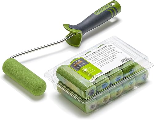 10 x Colorus Lackierwalze 11 cm abgerundet superfein PLUS | Lackierrollen beidseitig rund inkl. 2K Farbroller Bügel | Lackrolle für Wasserbasierte Lacke | Lackwalzen Schaumstoff mit Farbrollerbügel - Cheap-Us