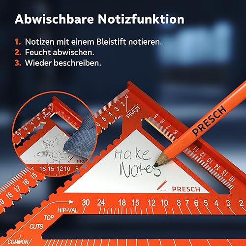 Presch Zimmermannswinkel Set - 180mm & 300mm - Innovative, abwischbare Notizfläche - Intelligente Bohrlehre für exakte Durchmesser - Hochpräzise gefrästes Aluminium für exakte 90° Winkel - Cheap-Us