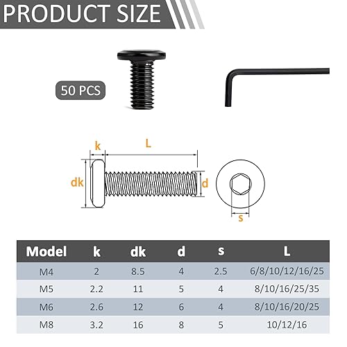 50 Stück M8x16 Schrauben，Hochfester Kohlenstoffstahl, Vollgewinde, Bolt, Schwarzes，Mit Innensechskantschlussel - Cheap-Us