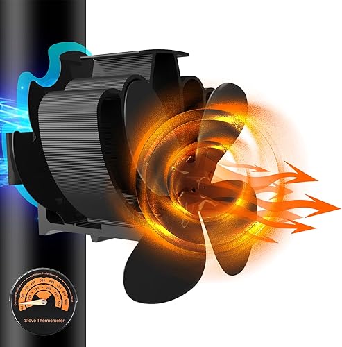 Magnetisch Kaminventilator 4 Flügel Ofenventilator Ohne Strom Leiser Kaminlüfter für Kamin/Ofen/Holz/Ofenrohr Mit 2pcs Magnete & Ersatzring & Temperaturbalken - Cheap-Us