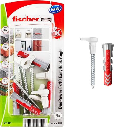 fischer EasyHook Angle K (4), Set aus 4 Winkelhaken-Schrauben und DuoPower, Spanplattenschrauben mit Haken, flexible Schraubhaken zur Montage in zahlreichen Baustoffen, 8 x 40 Dübeln - Cheap-Us
