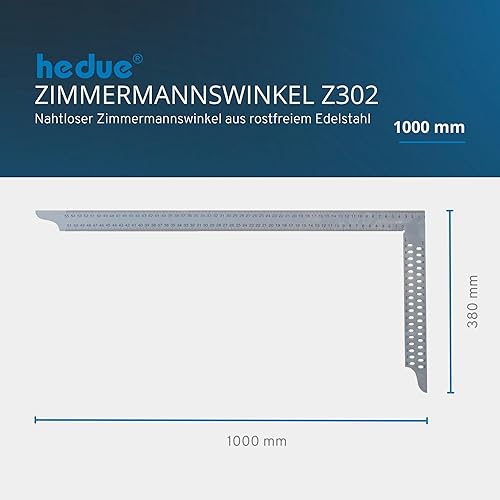 hedue® Zimmermannswinkel ZN / Z282 - Nahtloser Zimmererwinkel aus Edelstahl, Zimmermann Winkel mit Anreißlöcher & mm-Skala Typ A, 800 mm - Cheap-Us