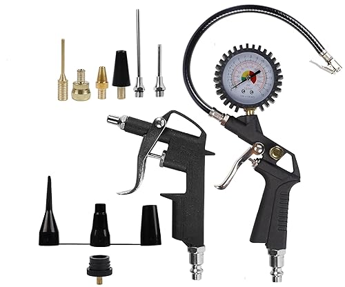 Druckluft-Kompressor-Zubehör – 13-teiliges Set mit strapazierfähiger Luftblaspistole, 220 PSI Reifenfüllmessgerät und Gummischlauch - Cheap-Us