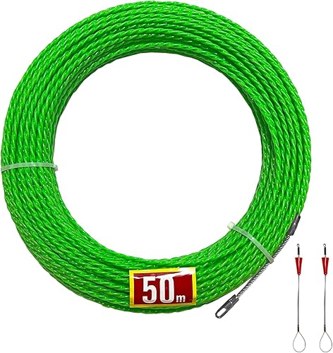 LCAUTFR 50m Kabeleinziehhilfe Polyester Einziehdraht mit 2 Führungsfede 4,5mm Einziehspirale für Einzugsband zur Kabelverlegung - Grün - Cheap-Us