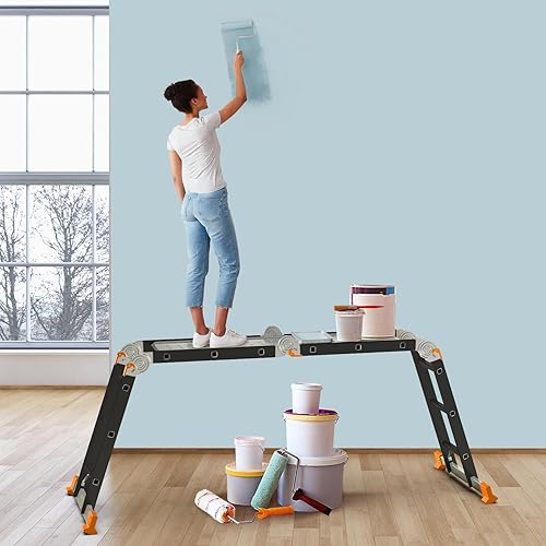 AMHANCIBLE Mehrzweckleiter, Leiter, 3.4M Aluleiter, 4 x 3 Stufen, Trittleiter, Haushaltsleiter, bis 150 kg,12 Stufen, in 6 Positionen, TÜV/GS Zertifiziert, Anti-Rutsch, Stabil und Robust EBAL01RD - Cheap-Us