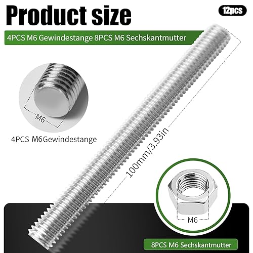 4 Stück M6 Gewindestange 100mm Gewindestäbe Edelstahl Voll Gewindestange Gewindestangen mit 8 Edelstahl Muttern für Die Maschinen- und Möbelherstellung Usw (M6*100) - Cheap-Us