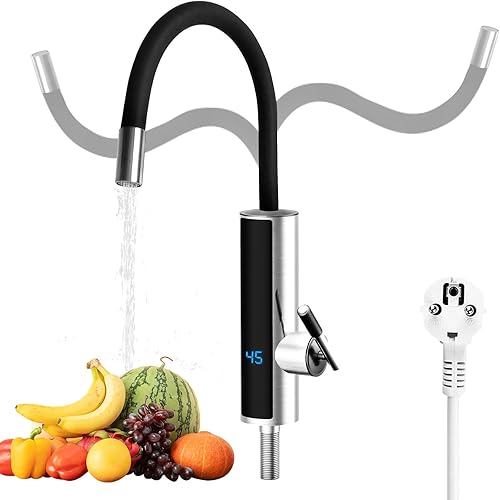 Elektrisch Wasserhahn mit Durchlauferhitzer 230V für Küche Bad, 3000W 360° Drehbarer Edelstahl Elektrischer Durchlauferhitzer Wasserhahn Elektrische Heizung Wasserhahn mit LED Temperaturanzeige - Cheap-Us