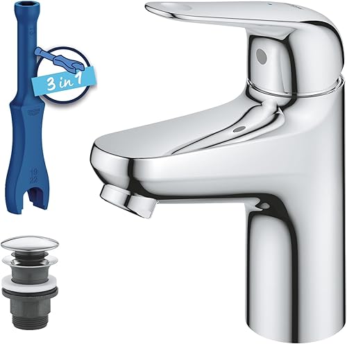 GROHE Swift - Waschtischarmatur (wassersparend, ~16cm hoch, inkl. Montagewerkzeug, Push-Open Ablauf), chrom, 24318001 - Cheap-Us