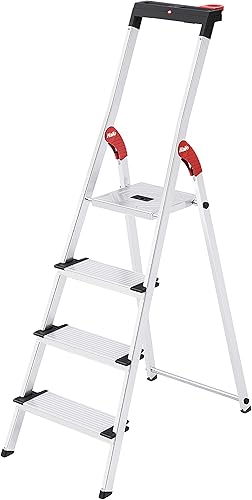 Hailo L75 ComfortLine Alu-Sicherheits-Stehleiter Jubiläumsmodell - 4 XXL-Stufen bis 150 kg - Stehleiter mit Ablagen, Bit-Steckplätzen, Akkuschrauber Halterung - Aluleiter Made in Germany - Silber - Cheap-Us
