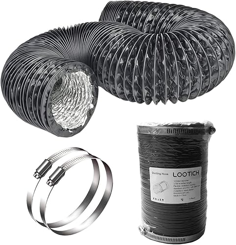 LOOTICH Aluflexrohr Ø 102mm Länge 2.5m Abluftschlauch Flexibel Luftleitungen Aus Aluminium Rohr Flexschlauch für HVAC Lüftung 2 Stück Schlauchschelle Edelstahl Inbegriffen - Cheap-Us