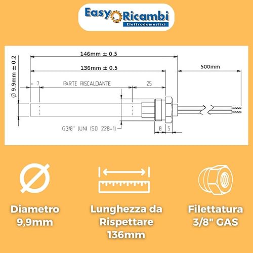 Easyricambi - Zündkerze für Pelletofen 350 W, Durchmesser 12,5 mm und Länge unter Anschlag 160 mm (Gesamtlänge 170 mm), Gewinde 3/8 Zoll Gas, Ersatzteil für Modelle: Palazzetti Royal Edilkamin - Cheap-Us