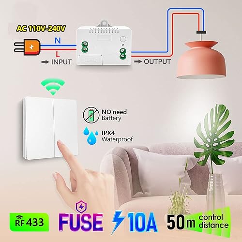 DieseRC Kinetischer Funk Lichtschalter, Wandpaneel RF Sicherheit Funkschalter und 10A Relais Empfänger Controller mit Sicherung, keine Verkabelung Batterieloser Selbst-generierender Schalter - Cheap-Us