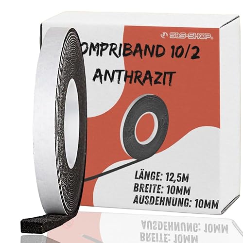 S&S-Shop Kompriband 12,5 m lang | 10/2 anthrazit | expandiert von 2 auf 10 mm - Fugenbreite 2-10 mm | Rollenbreite 10 mm | Acryl 300 | Fugendichtband Quellband Komprimierband Klebeband Dichtungsband - Cheap-Us