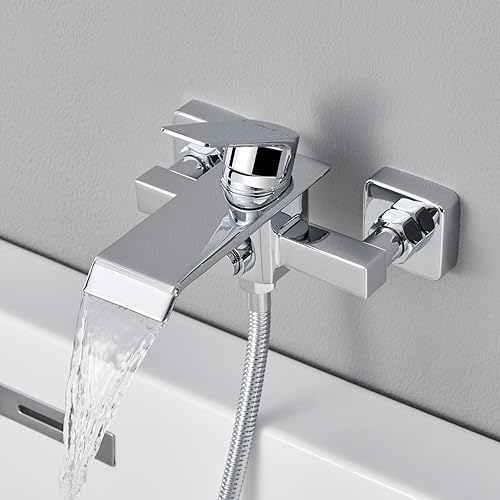 Ulytid Badewannenarmatur Wasserfall, Wasserhahn Badewanne Wannenbatterie aus Messing, Chrom Mischbatterie Badewanne mit Druckschalter, Duscharmatur Aufputz, Armatur Dusche Wannenarmatur für Badezimmer - Cheap-Us