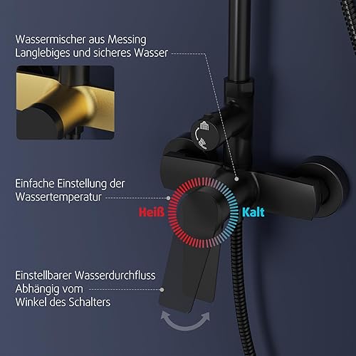 Rainsworth Duschsystem mit Armatur Chrom, Regendusche mit Armatur aus Messing, 25 cm Regendusche, 3 Strahlarten Duschkopf, Duscharmatur Komplettset, Duschset - Cheap-Us