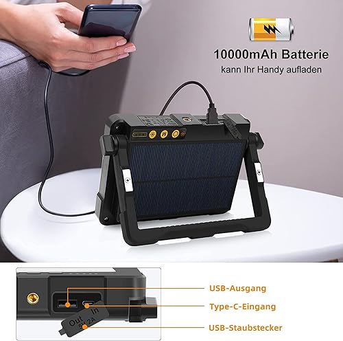 MEIKEE 80W LED Baustrahler 12000MAH Led Arbeitsleuchte Akku Strahler 4 Lichtmodi Campinglampe Tragbar 5 Helligkeiten Solar USB-Aufladung Akku Lampe für Camping, Garage, Bau, Reparatur, Notfall - Cheap-Us