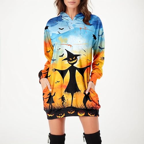 Halloween Hoodiekleider Damen Festlich Kürbis Gedruck Kleid Pullover Damen Langarm Rundhals Sweatkleid Longpullover Party Tunika Mini Kleid Sweatshirt Winterkleid Oversize Herbst Freizeitkleid - Cheap-Us