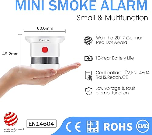 HEIMAN Mini Rauchmelder mit 10 Jahren Batterielaufzeit TÜV und EN14604 Zertifizierter Rauchwarnmelder Feuermelder Brandmelder ， mit Feueralarm und Fotoelektrischem Sensor (1) - Cheap-Us