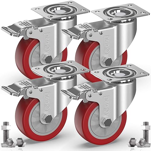 GBL Möbelrollen Schwerlast mit 4 Bremsen + Schrauben - 100mm 600KG - 4 Lenkrollen mit Möbel Bremse - keine Spuren & Leise - Schwerlastrollen Transportrollen Rollen für Palettenmöbel - Cheap-Us