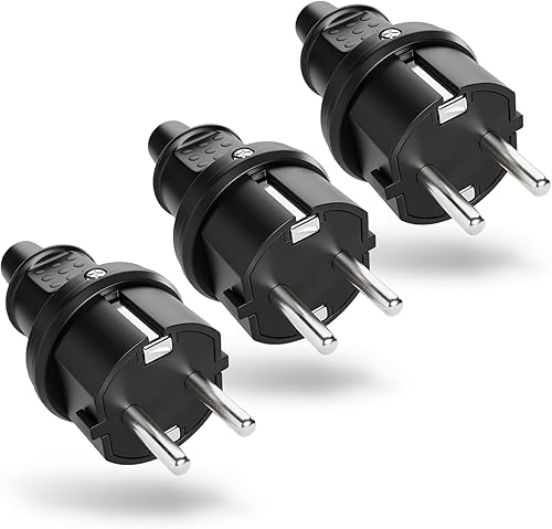 greate 3x Schuko Stecker Aussenbereich mit Knickschutz - Schukostecker Gummi mit Zugentlastung, 2-polig, 230V, 16A & 3,7kW - IP44 Schukostecker Außenbereich schwarz - Schutzkontakt Stecker 230V - Cheap-Us
