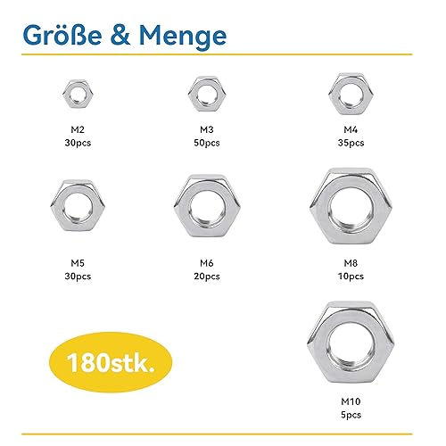 WZHUIDA 430 Stück Selbstsichernde Muttern und Sechskantmuttern Sortiment, Edelstahl Sicherungsmuttern Set Kontermuttern Sechskant Schraubenmuttern, M2 M3 M4 M5 M6 M8 M10 M12 DIN985 DIN934 - Cheap-Us