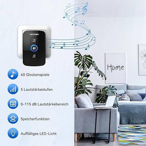 TECKNET Funkklingel, Kabellose Türklingel Set IP65 Funkklingel Aussen Wasserdicht mit 60 Melodien & 5 Lautstärkestufen, Funk Klingel Haustür Kit mit LED-Blitz und 1 Empfänger 1 Sender, 400M Reichweite - Cheap-Us