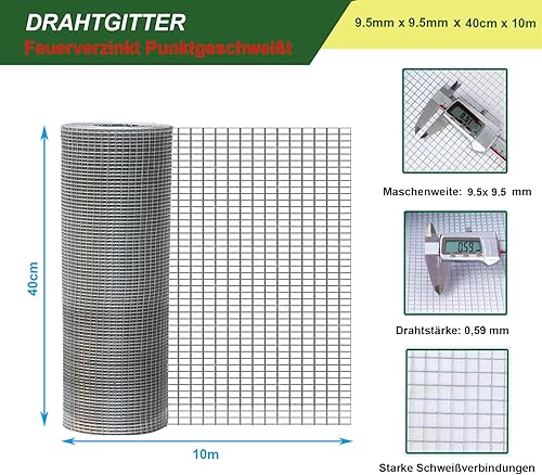 YAGJIA Wühlmausgitter 50cm x 10m, Volierendraht 6.3mm x 6.3mm, Maschendraht Drahtgitter Feinmaschig verzinkt, Metallgitter als Hasendraht Kaninchendraht Hühnerdraht, 0,6mm - Cheap-Us