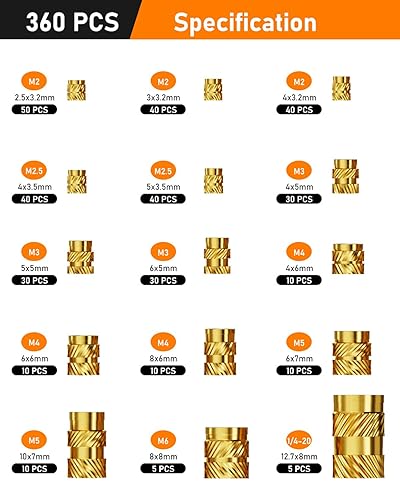 HOLMOL Gewindeeinsatz 360 Stück Set, Messing Einschmelzgewinde M2 M2.5 M3 M4 M5 M6 für Kunststoff, Gerändelt Einpressmuttern für 3D Druck Zubehör und DIY Projekte, Gewindeeinsätze mit Box - Cheap-Us