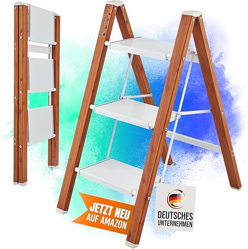 DESLAD Trittleiter 3 Stufen klappbar [Aluminium] Holzoptik Weiss Design leicht bis 150kg | für Haushalt Garten und Camping | Tritthocker Klapphocker - Cheap-Us