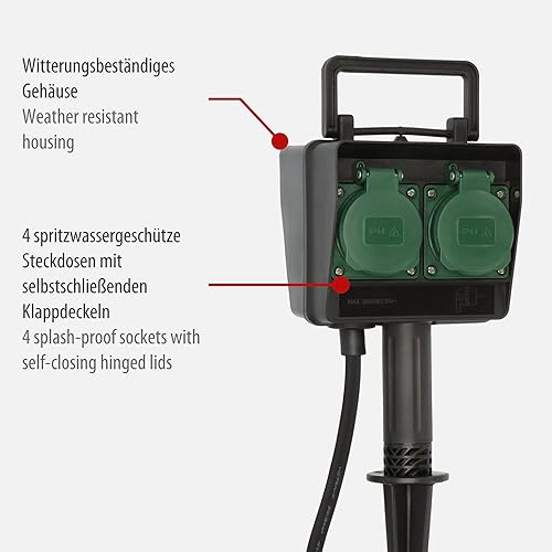 Brennenstuhl Garten-Steckdose/Außensteckdose 2-Fach mit Erdspieß (witterungsbeständiger Kunststoff, Steckdose für außen mit wasserfestem Gehäuse, 1,4m Kabel) schwarz - Cheap-Us