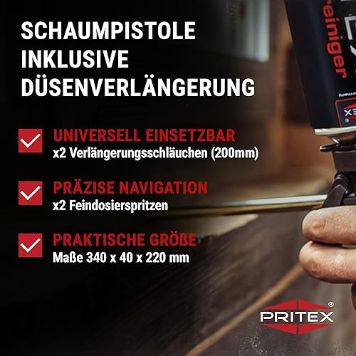 PRITEX – 1 x Schaumpistole inkl. Düsenverlängerung – Bauschaumpistole für Pistolenschaum, Bauschaum, Montageschaum uvm. – Metallpistole mit gummiertem Handgriff – Montagepistole für präzise Dosierung - Cheap-Us