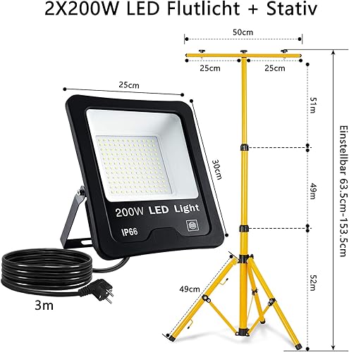 Froadp LED Baustrahler 2x100W Arbeitsstrahler LED Strahler mit Höhenverstellbar Tripod-Ständer IP66 Wasserdicht Fluter für Innen-und Außenbereich Baustelle Garage Garten Werkstatt (Kaltweiß) - Cheap-Us