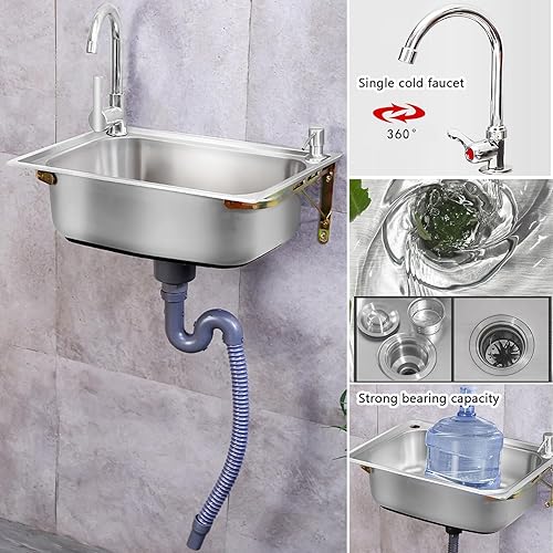 Edelstahl Waschbecken Spültisch Spülbecken Wandmontierte Waschtisch Ausgussbecken Küchenspüle Handwaschstation Kitchen Sink 1 Becken Spüle mit Armatur für Indoor Outdoor Wäsche Hinterhof Garage ( Size - Cheap-Us