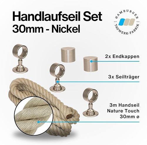 Handlaufseil Set 30mm - bestehend aus 2 Endkappen 3 Seilträger vernickelt und 3m 'Nature Touch' Handlaufseil naturfarben - Cheap-Us