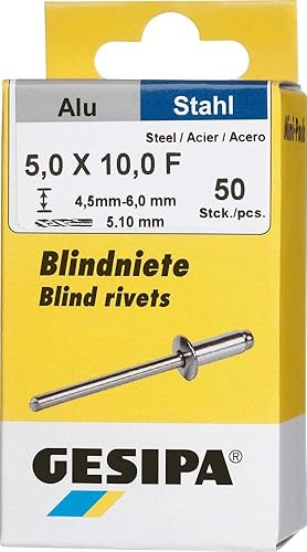 GESIPA Blindniete Mini-Pack 50 Stück (Alu/Stahl 5x10, Nietschaft-ø 5 mm, Scherkraft 2000 N, Zugkraft 2800 N, Flachrundkopf) 1433537 - Cheap-Us