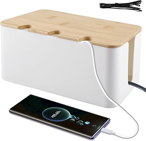 Kabelbox, Weiß Kabel Verstecken mit Holz Deckel, Weiß Kabelmanagement Box, 23.5 * 12 * 11.5cm Kabel Aufbewahrungsbox, DREI runde Löcher Kabelbox Weiß, Kabelbox Holz für Kabe, Steckdosenleisten - Cheap-Us