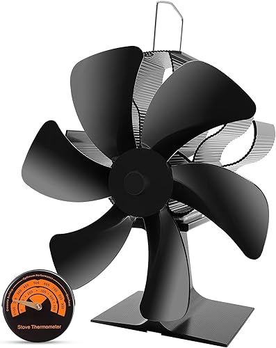 Ofenventilator Kamin Ventilator Kaminventilator mit 6 Blättern Kaminbesteck Lüfter für Kaminofen Holzofen Pelletofen ohne strom Leiser Betrieb mit Thermometer Wärmebetriebener Ventilator - Cheap-Us