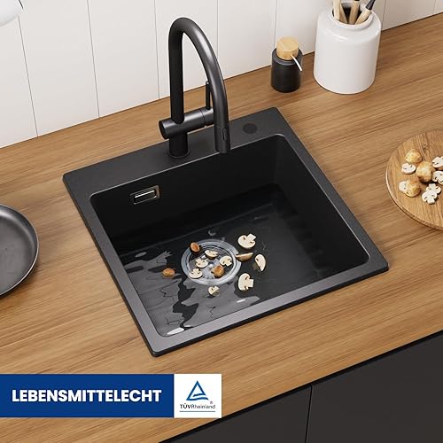 CECIPA 45x45cm Spülbecken Schwarz Granit, Spüle Schwarz, Küchenspüle Rechteckig, Spülbecken Küche, Moderne Einbauspüle Granit, Waschbecken Küche, Einzelbecken mit 2 HahnLöcher - Cheap-Us