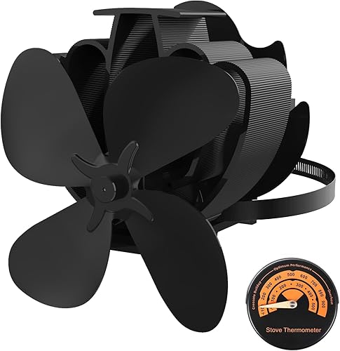 Magnetisch Kaminventilator Leiser Kamin Ventilator Kaminlüfter Ohne Strom mit Modifizierter Umlenkplatte &Thermometer für Kamin/Ofen/Holz/Ofenrohr - Cheap-Us