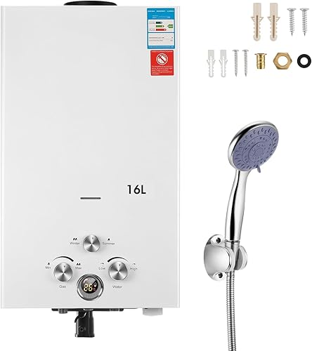 Gas Durchlauferhitzer 8Liter Outdoor Tragbarer Gas-Wassererhitzer Propan-Durchlauferhitzer mit Digitalanzeige, mit Galvanisierter Duschkopf, Mehrfachschutz für Campingausflüge Bootshaus (8L 16KW) - Cheap-Us