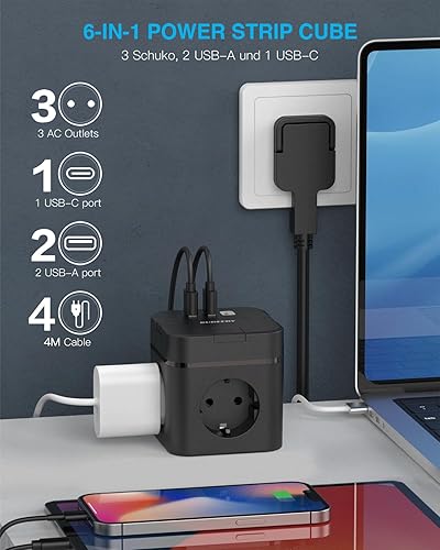 6 in 1 Steckdosenwürfel mit USB C, 3 Fach Steckdosenleiste Flachstecker mit Einzeln Schaltbar, Mehrfachsteckdose Würfel mit 2m Kabel, 1 Typ-C USB Mehrfachstecker für Büro Hause Reisen (Weiß) - Cheap-Us