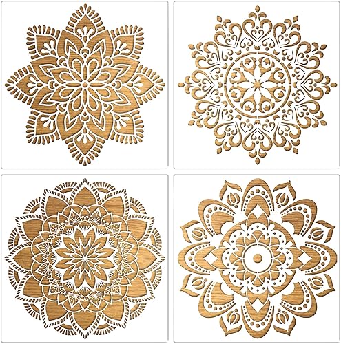 4 Stück Groß Mandala Schablonen Stencils Set, Wiederverwendbares DIY Malerei Vorlage Zubehör, Blume Handwerk Schablone zum Malen an der Wand Boden Fliese Kissen Dekoration (30x30CM) - Cheap-Us