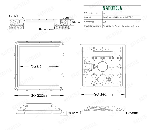 NATOTELA 600x600mm GFK Schachtabdeckung und Rahmen Nettoöffnungsgröße 440x440mm Äußere Rahmengröße 600x600mm Größe des Deckels 500x500mm schwarz Schachtdeckel für Fussgängezonen und Garten - Cheap-Us