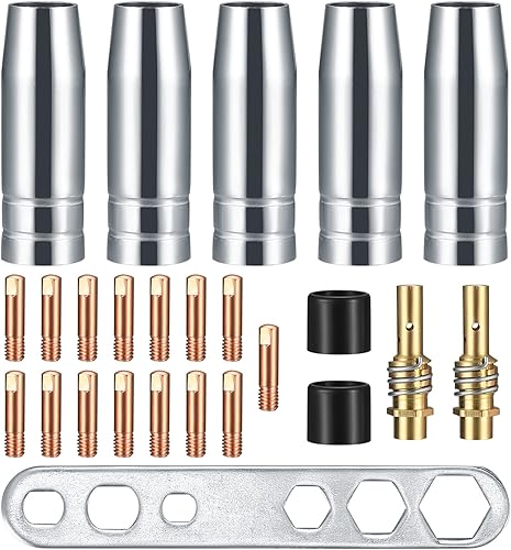 25 Stück Verschleißteile Set, Schutzgasschweißgerät Zubehör, Schweißzubehör passend AK-15/MB-15, 5 x Gasdüsen, 15 x Powerdüsen M6 0,8 mm, 2 x Düsenstiel, 2 x Isolatoren, 1 x Schraubenschlüssel - Cheap-Us