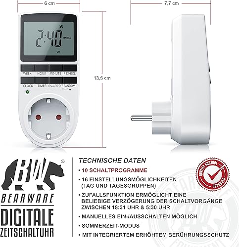 CSL - Zeitschaltuhr digital - 2,1' LCD-Display 5,3 cm - 3680W - Digital-Zeitschaltuhr mit 10 konfigurierbaren Programmen - Back-Up Reserve-Akku - Zufallsschaltung - Berührungsschutz - Cheap-Us