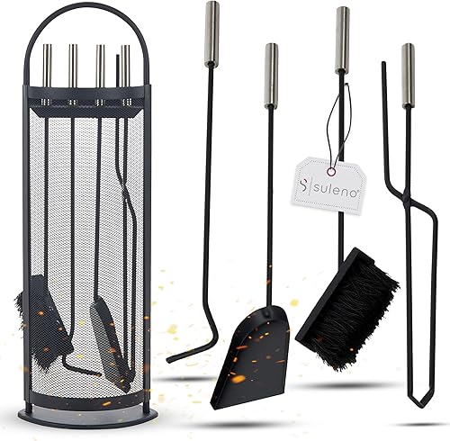 Suleno® Kaminzubehör BELFAST 5-tlg. Kaminbesteck Modern Edelstahl Schwarz Kamingarnitur Schaufel Schürhaken Zange Besen Ständer Ofenbesteck f. Kamin - Cheap-Us