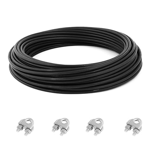 10m - 3mm Drahtseil EDELSTAHL, Schwarz PVC Stahlseil Ummantelt, Draht Seil mit 4 Drahtseilklemmen - 7x7 - Cheap-Us